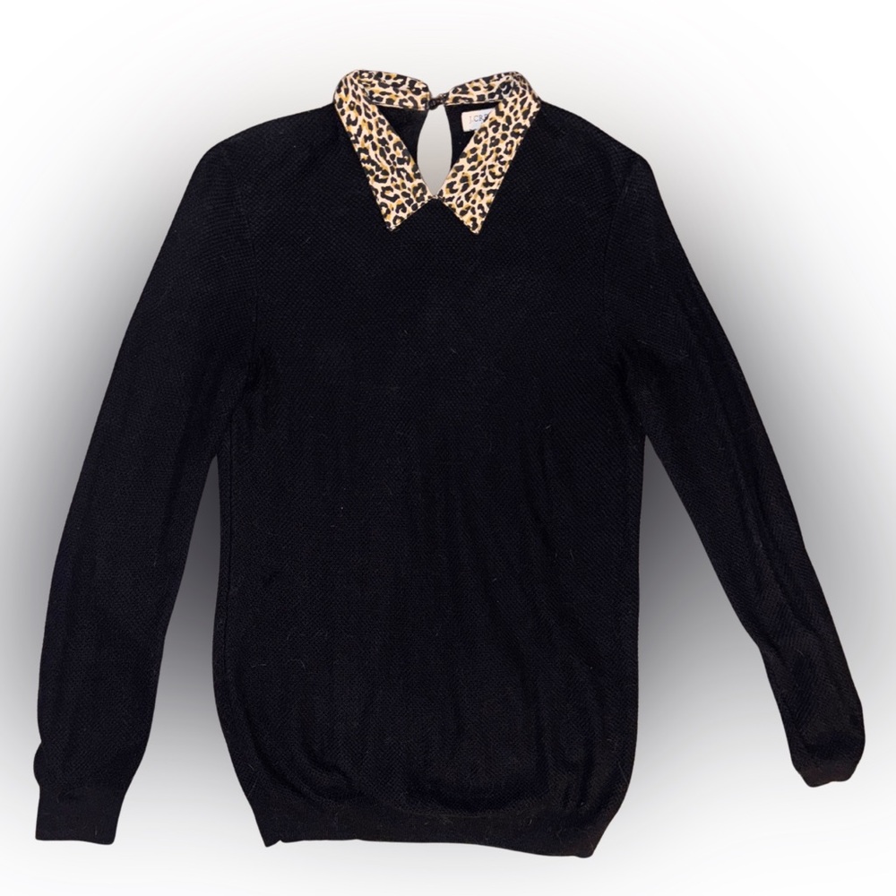 J.Crew Black Leopard Print Collar 100% Cotton Knit Sweater Size Small